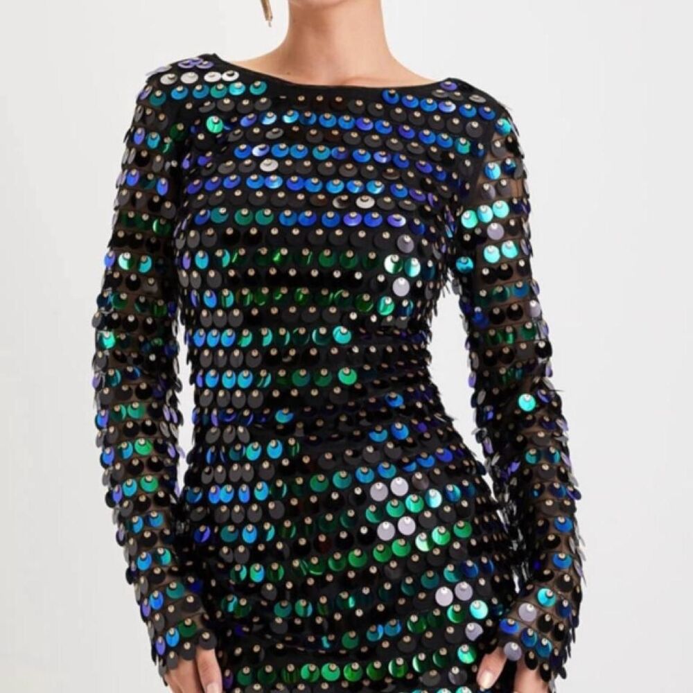 NWT Lulus Exceptional Radiance Black Iridescent Sequin Backless Mini Dress Large